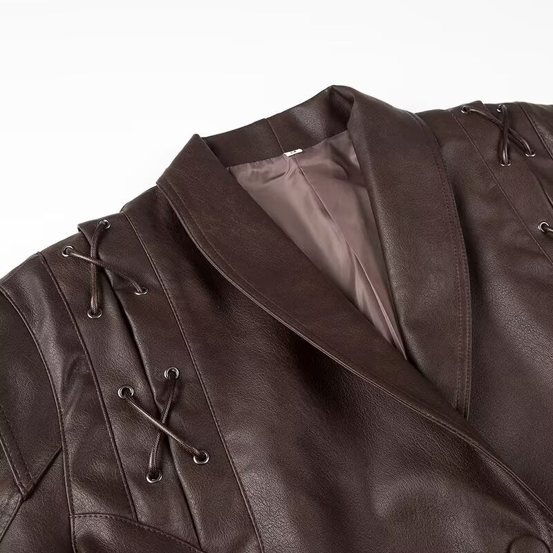Women Short Blazer Leather Jacket with Shawl Collar, Waist Belt and Lacing Detail Mune Fashion