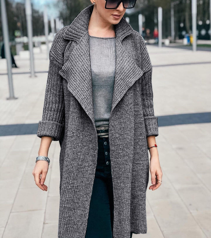 Women Long Open Knit Coat with Shawl Collar and Cuffed Sleeves Mune Fashion