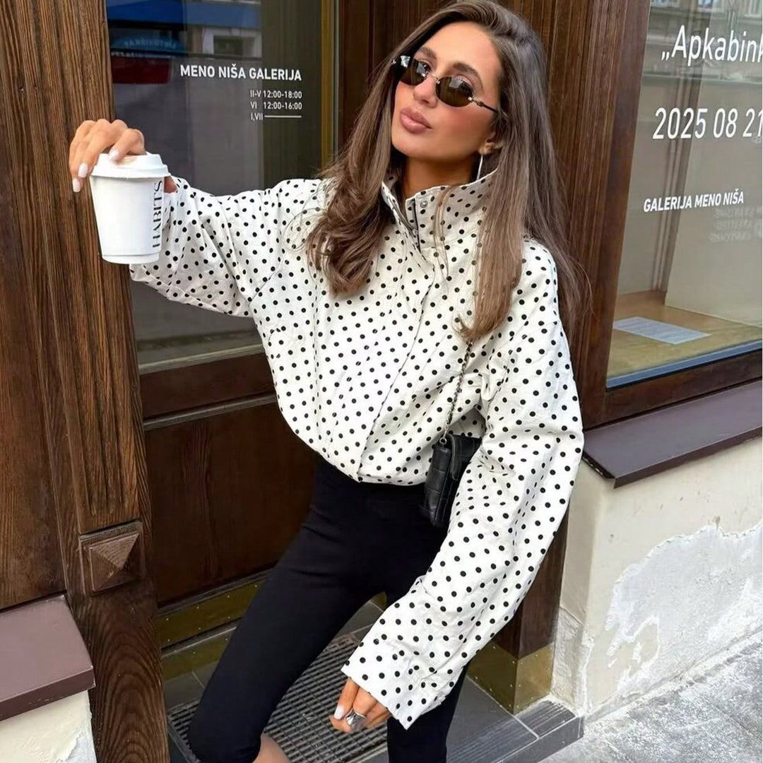 Women Polka-Dot Stand Collar Blouse with Oversized Balloon Sleeves Mune Fashion
