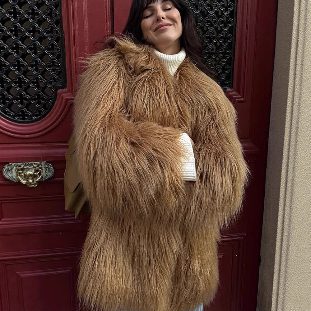 Women's Oversized Shaggy Faux Fur Coat with Long Pile Texture and Concealed Button Placket Mune Fashion