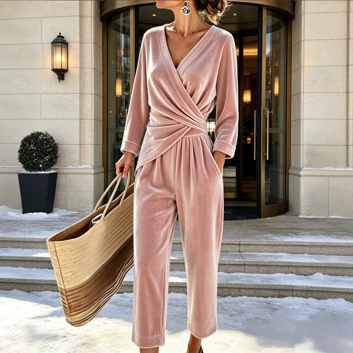Women's velvet jumpsuit with wrap top, tailored draping, and wide ankle-length leg Mune Fashion