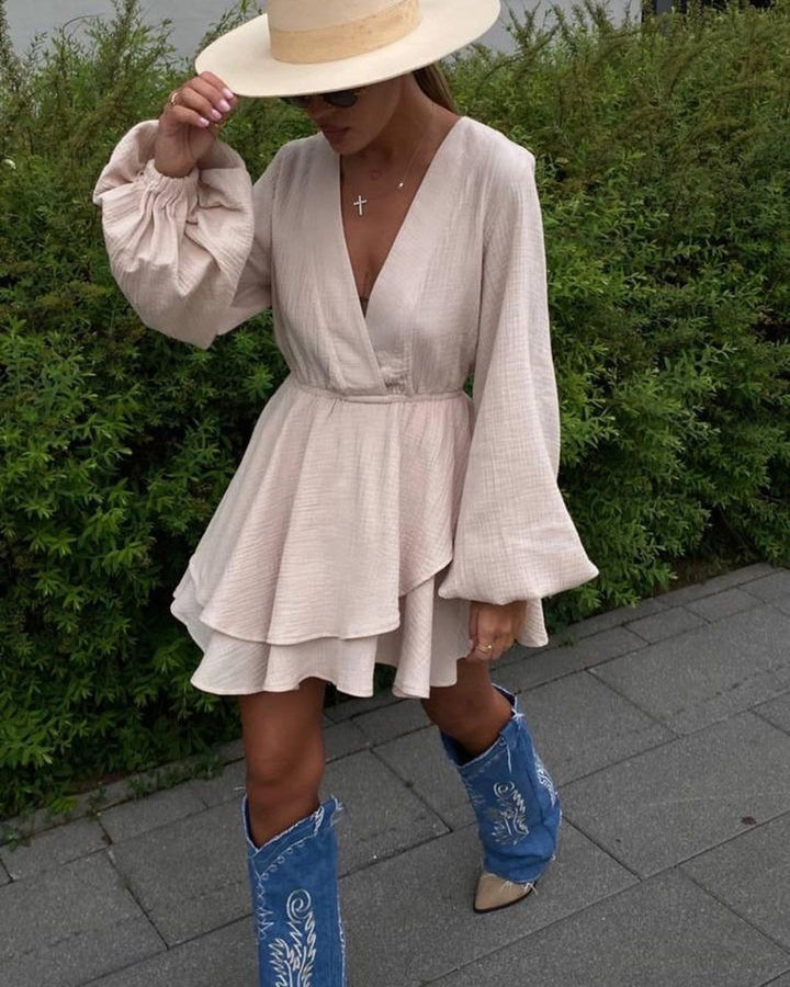 Women's Airy Wrap Dress with Ruffle Layers and Balloon Sleeves Mune Fashion