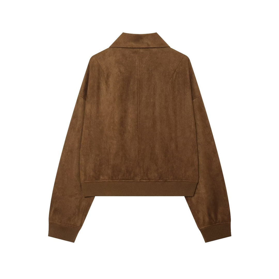 Women’s short cut suede look bomber jacket with shirt collar and ribbed cuffs Mune Fashion