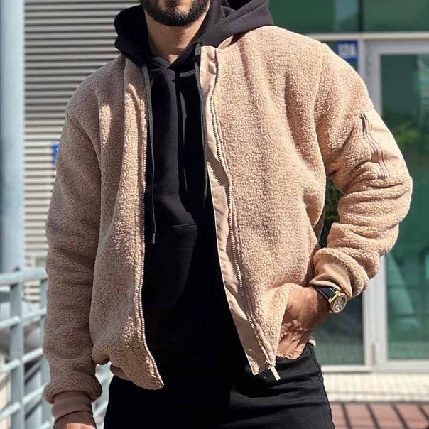 Men's Teddy-Fleece Bomber Jacket with Zipper and Arm Pocket Mune Fashion