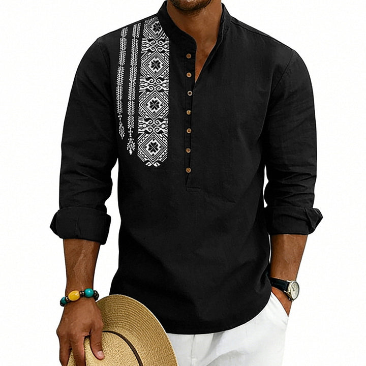 Men's embroidered linen henley shirt with stand-up collar and ethnic chest motif Mune Fashion