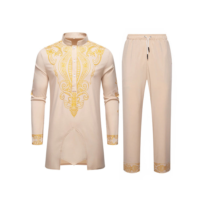 Men's Tunic Suit with Stand Collar and Ornamental Gold Application Mune Fashion