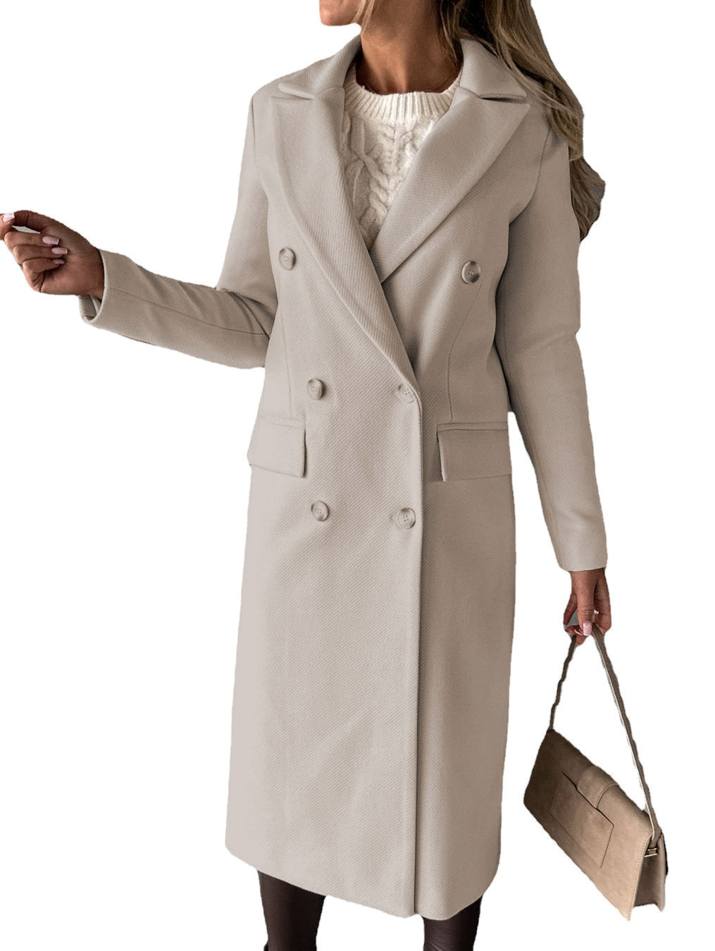 Women's Double-Breasted Midi-Length Wool Coat with Notch Lapel and Tailored Silhouette Mune Fashion