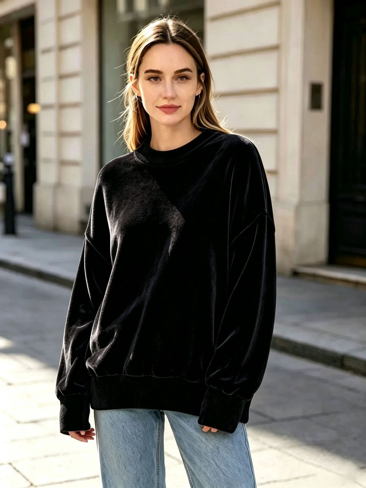 Ladies Soft Oversized Velvet Sweater with High Round Neck and Dropped Sleeves Mune Fashion