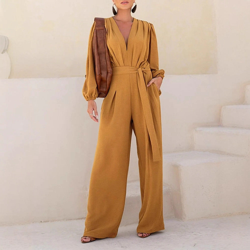 Women's Elegant Palazzo Jumpsuit with Deep V-Neck, Tie Belt and Balloon Sleeves Drune