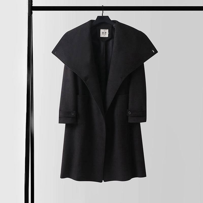 Women Maxi Length Wool Blend Coat with Oversized Shawl Collar and Patch Pockets Mune Fashion