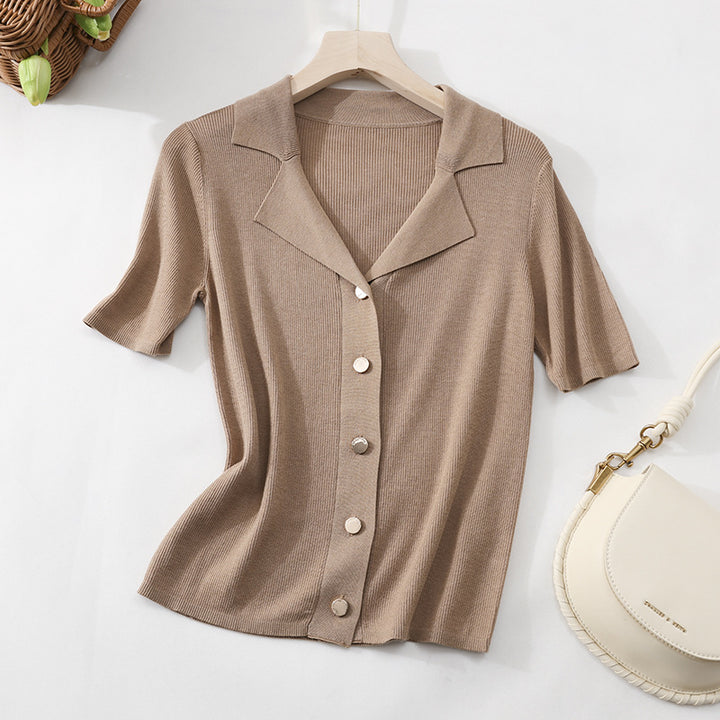 Ladies short sleeve ribbed knit cardigan with lapel collar and decorative button placket Mune Fashion