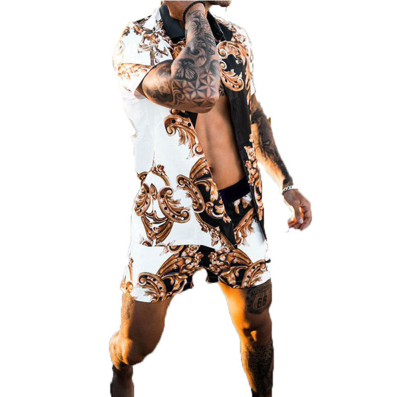 Men's short-sleeved shirt with baroque pattern and matching loose-fitting shorts Mune Fashion