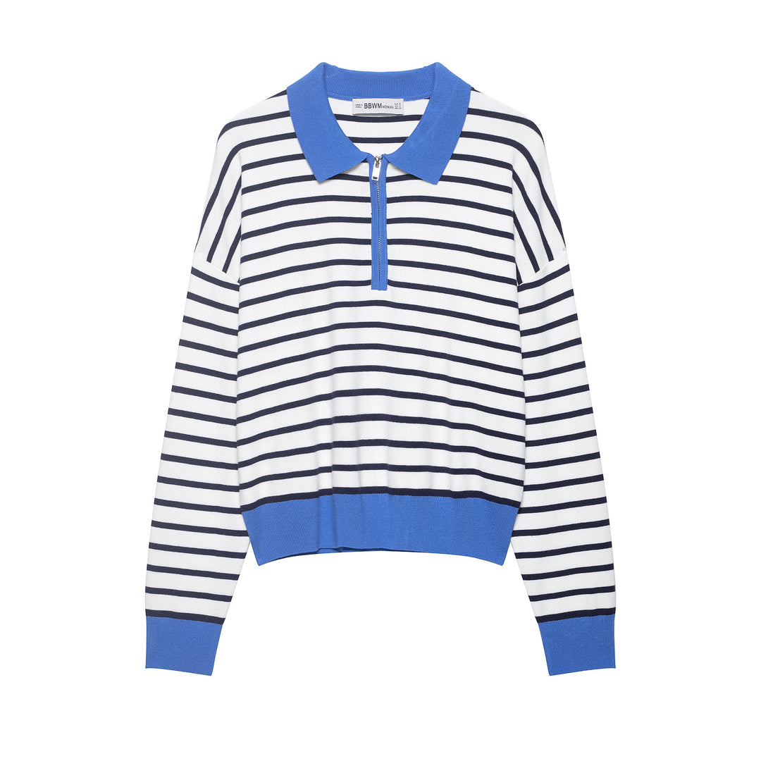 Women's Striped Cropped Knit Polo with Half Zipper and Wide Ribbed Cuff Mune Fashion