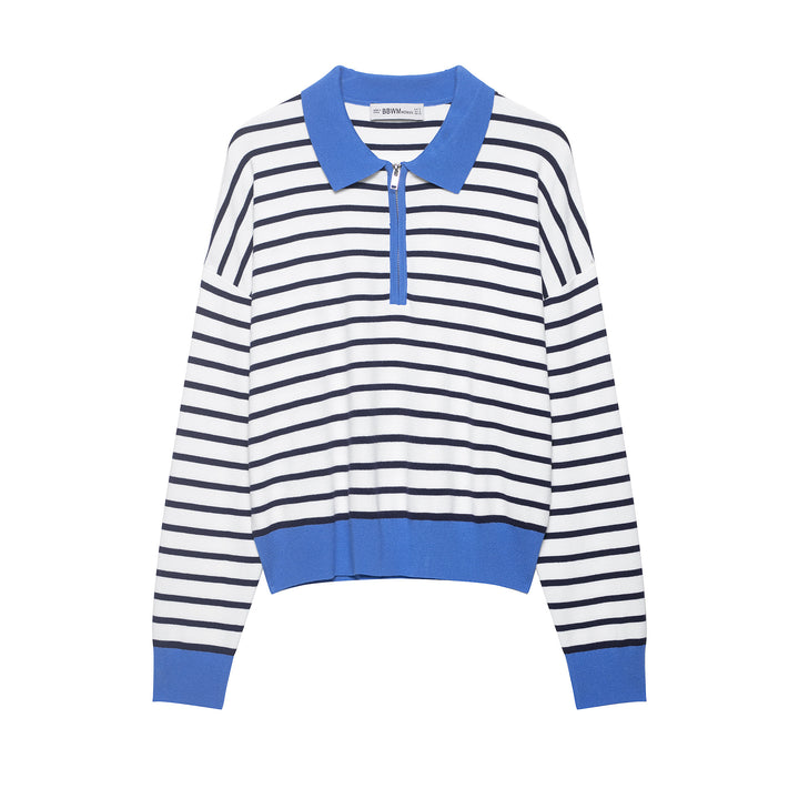 Women's Striped Cropped Knit Polo with Half Zipper and Wide Ribbed Cuff Mune Fashion