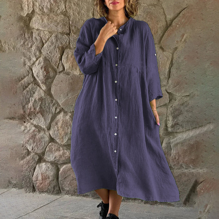 Women's Loose Midi Dress in Linen Blend with Continuous Button Placket and Side Pockets Mune Fashion