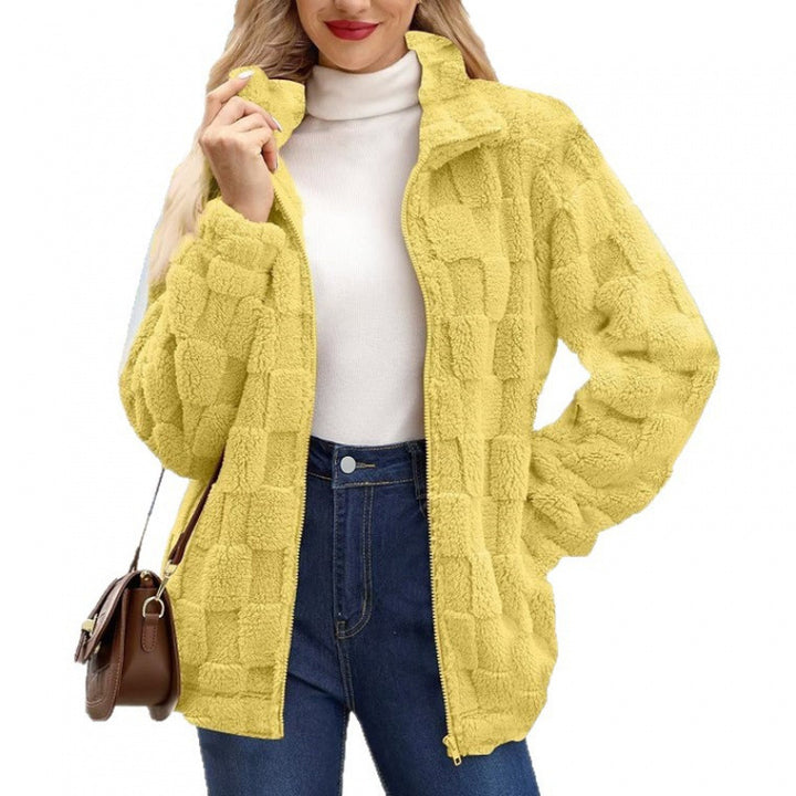 Women's teddy jacket with check structure, stand-up collar and zipper Mune Fashion
