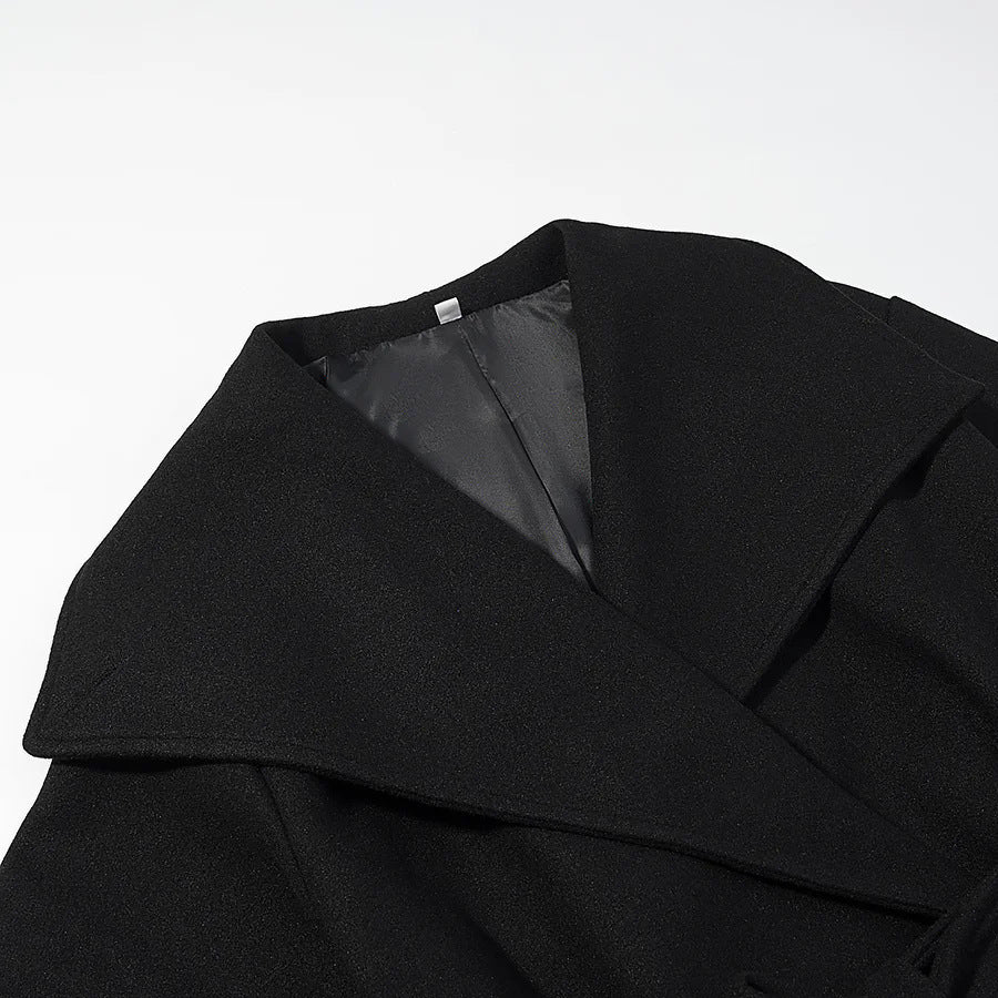Women's cropped wool blend coat with dropped shoulder, large shawl collar and tie belt Mune Fashion