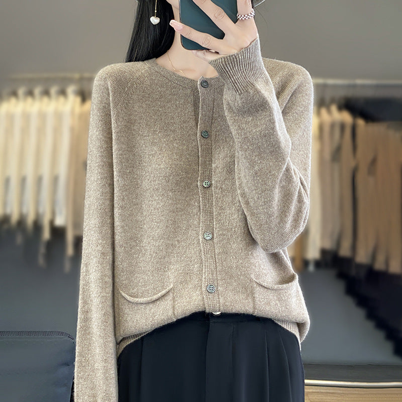 Women's Long Fine Knit Cardigan with Round Neck, In-seam Pockets and Alpaca Mix Mune Fashion