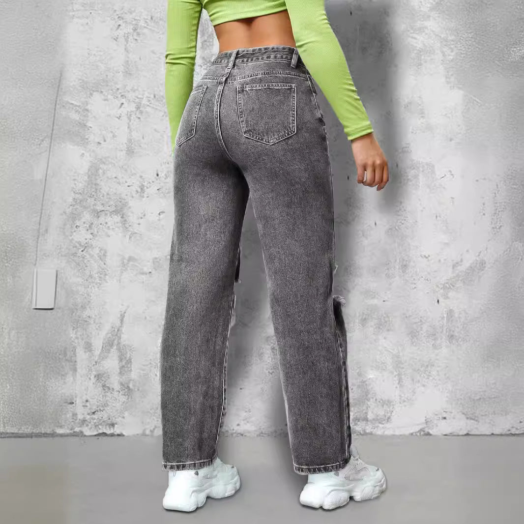 Ladies High-Waist Ripped Straight-Leg Jeans with Knee Cutouts and Used Wash Mune Fashion