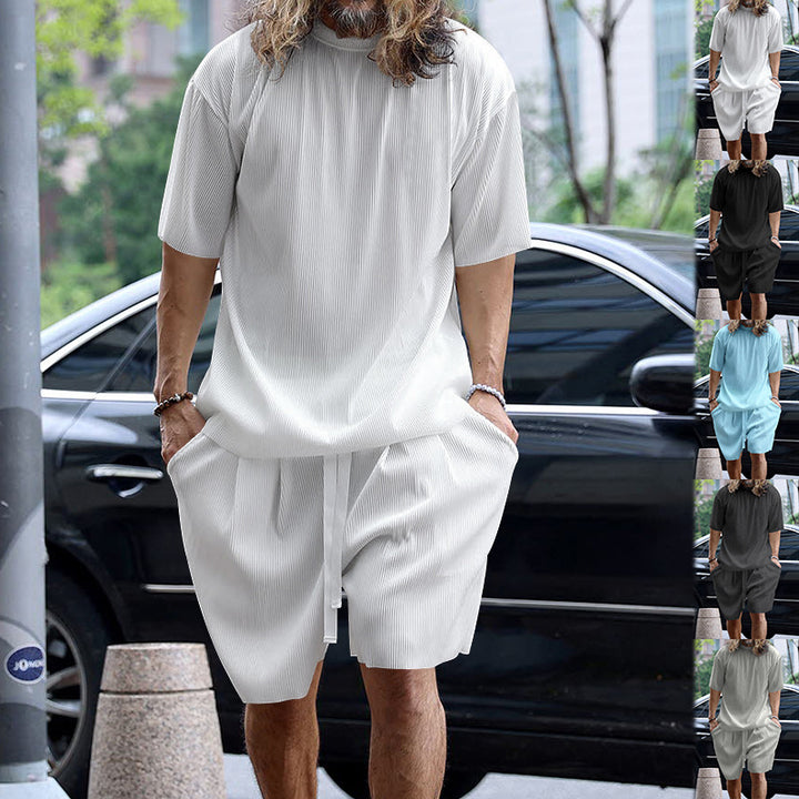 Men's modern ribbed leisure set with wide short-sleeve shirt and elastic drawstring pants Mune Fashion