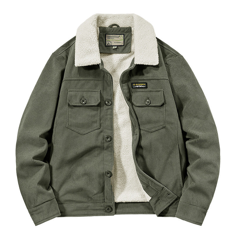 Men's Corduroy Work Jacket with Sherpa Lining, Notched Collar and Snap Button Placket Mune Fashion
