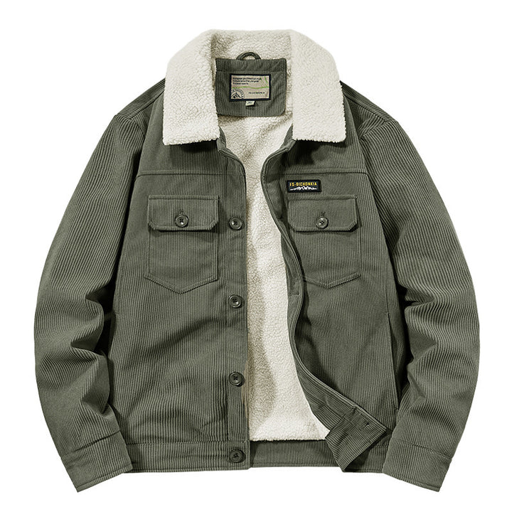 Men's Corduroy Work Jacket with Sherpa Lining, Notched Collar and Snap Button Placket Mune Fashion