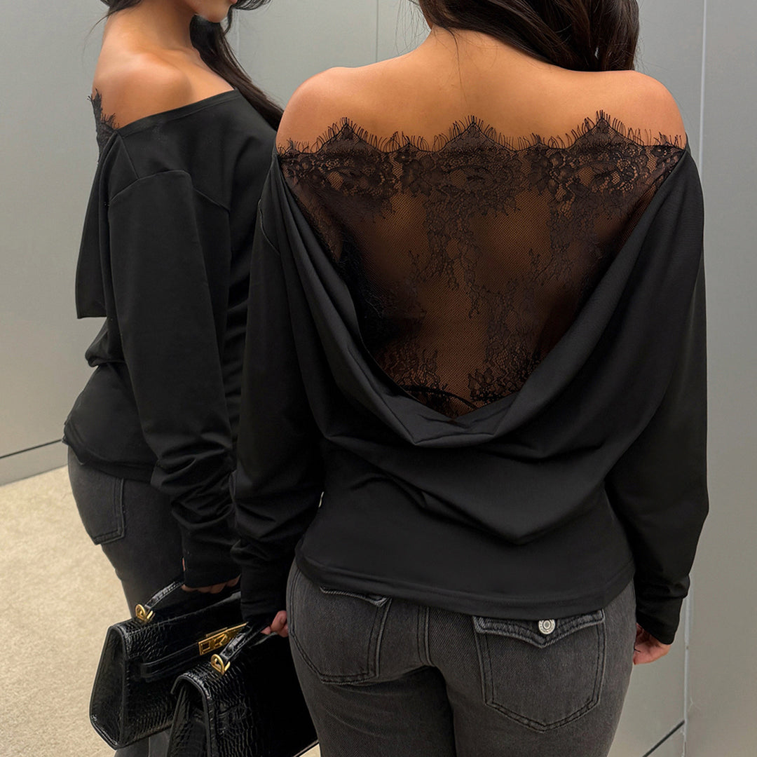 Women Draped Long Sleeve Top with Deep Waterfall Back and Fine Lace Back Panel Mune Fashion