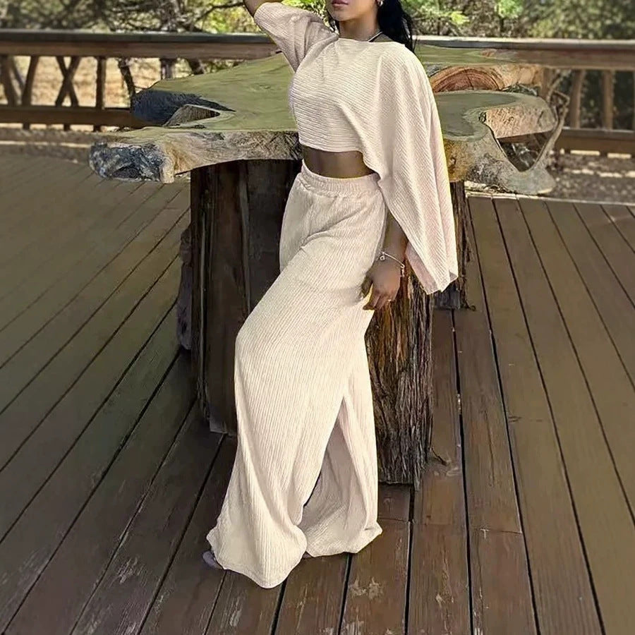 Women's Two-Piece Textured Loungewear Set with Cropped Cape Top and Maxi Skirt with Side Slit Drune