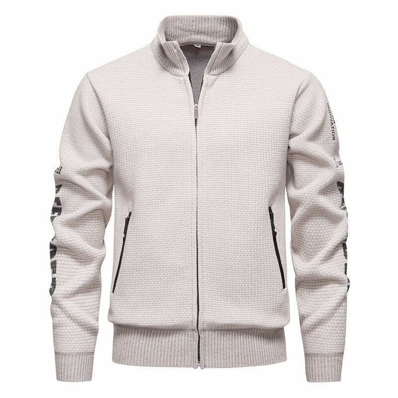 Men's Structured Knit Zip Jacket with Waffle Texture, Stand Collar and Zipper Pockets Mune Fashion