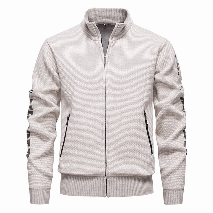Men's Structured Knit Zip Jacket with Waffle Texture, Stand Collar and Zipper Pockets Mune Fashion
