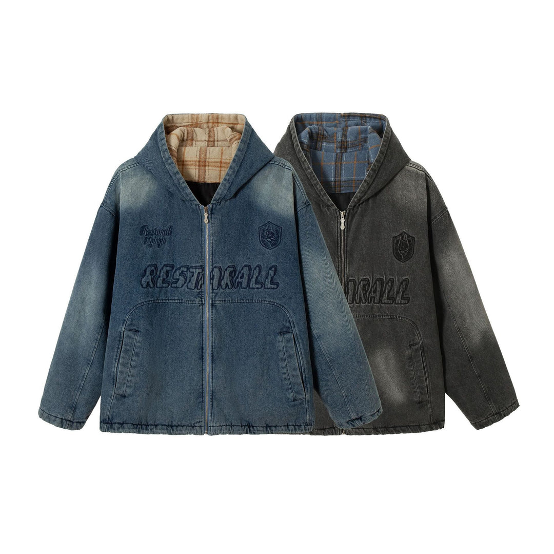 Men's Washed-Denim Hoodie in Oversized Look with Checked Lined Hood Mune Fashion