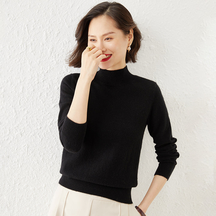 Women Luxurious Cashmere Fine Knit Sweater with Standing Collar Mune Fashion