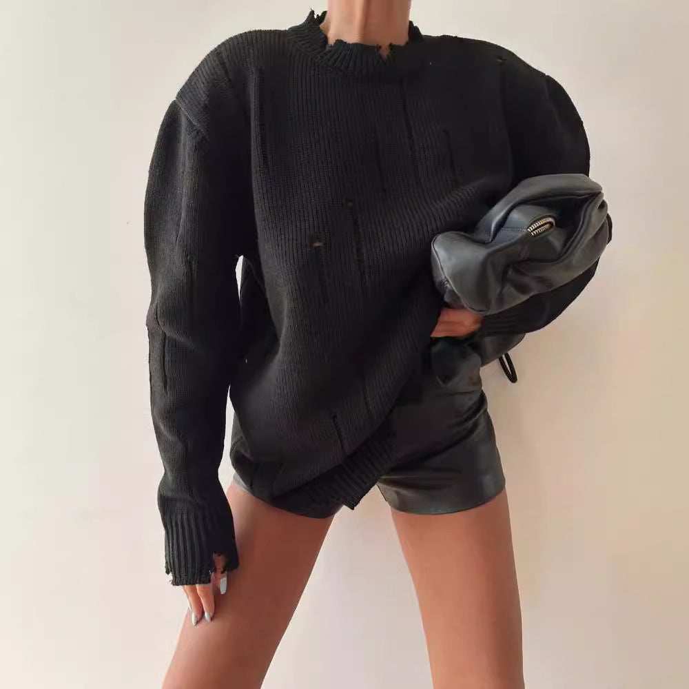 Women Oversized Chunky Knit Sweater with Distressed Details and Ribbed Hem Mune Fashion