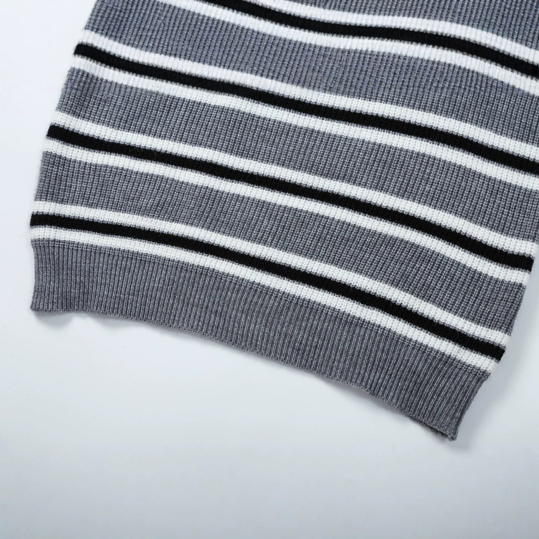 Women's Striped Knit Sweater with Polo Collar and Half Zipper Mune Fashion