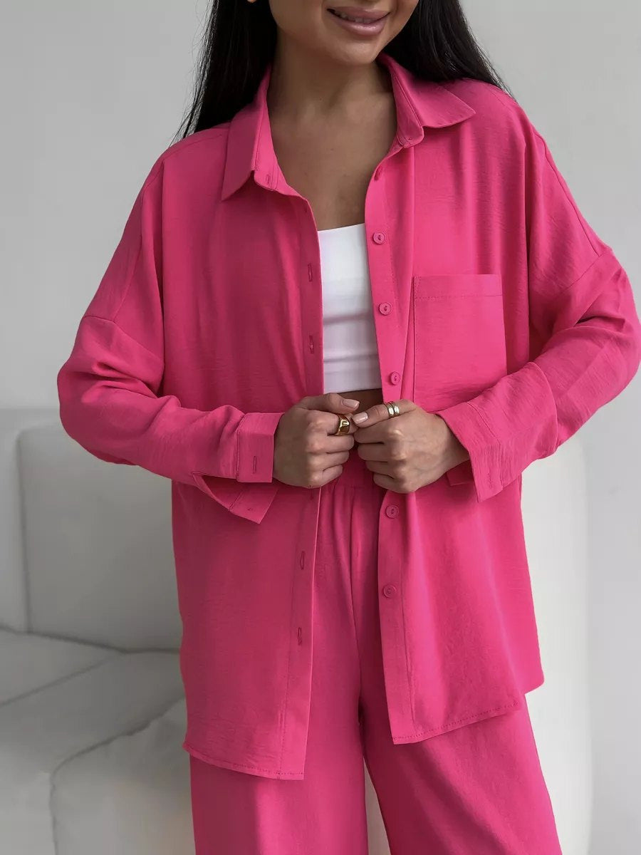 Women Two-Piece Lounge Set Oversize Blouse with Chest Pocket and Wide Palazzo Pants Mune Fashion