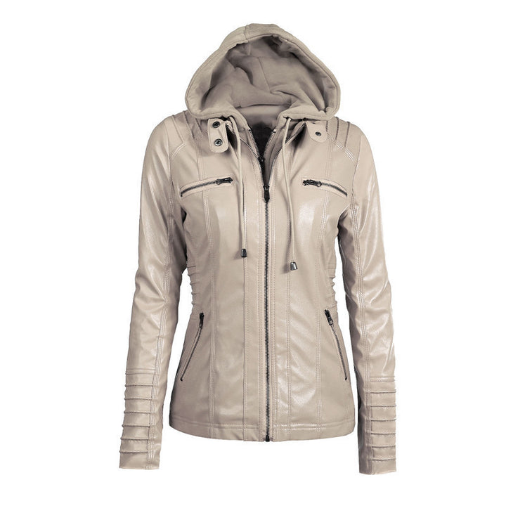 Women's Slim-Fit Faux Leather Jacket with Hood, Padded Sleeves and Zipper Pockets Mune Fashion