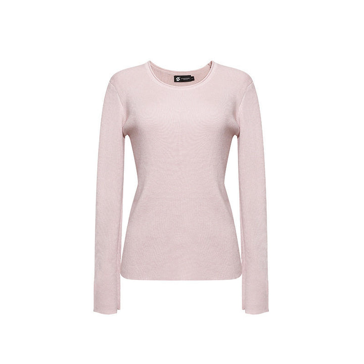 Women's fine knit sweater with round neckline, slim silhouette, and decorative button sleeves Mune Fashion
