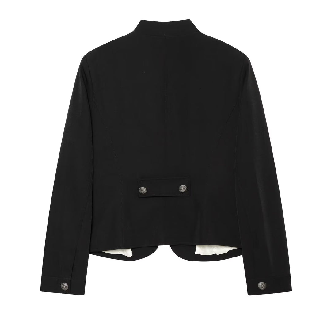 Women's Military Inspired Double Breasted Short Jacket with Stand Collar and Epaulettes Mune Fashion