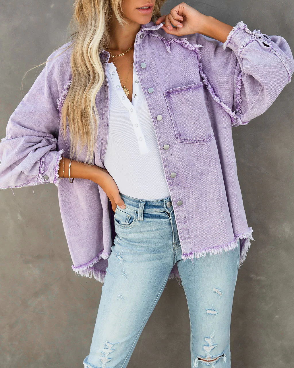 Women oversized shirt jacket in used look with frayed edges and patch pockets Mune Fashion