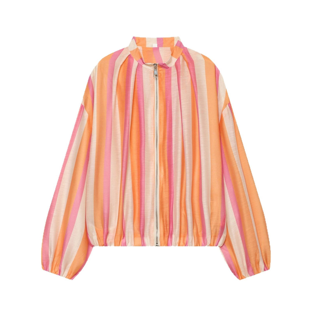 Women's Striped Cropped Bomber Jacket with High Stand Collar, Balloon Sleeves and Zipper Mune Fashion