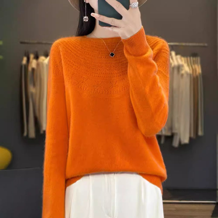 Ladies Soft Ajour-Yoke Round Neck Sweater in Cashmere-Look Fine Knit Mune Fashion