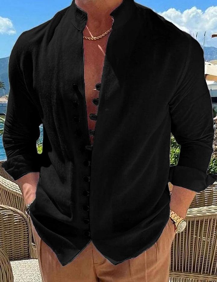 Men's linen look summer casual shirt with stand-up collar, decorative button placket, and roll-up sleeves Mune Fashion