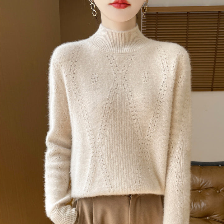 Women's Light Mockneck Fine Knit Sweater with Openwork Chevron and Cashmere Soft Finish Mune Fashion