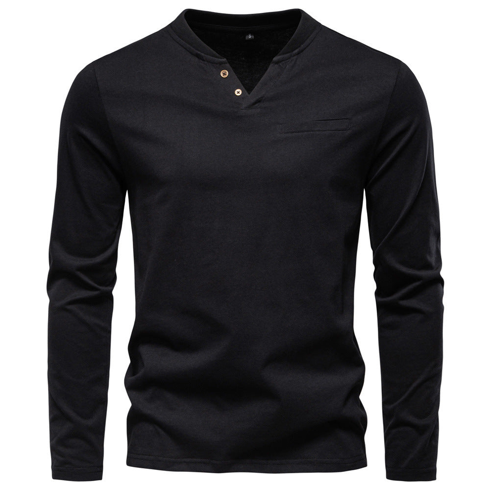 Men's tailored long sleeve shirt in Henley style with short V-neck, decorative buttons, and chest pocket Mune Fashion