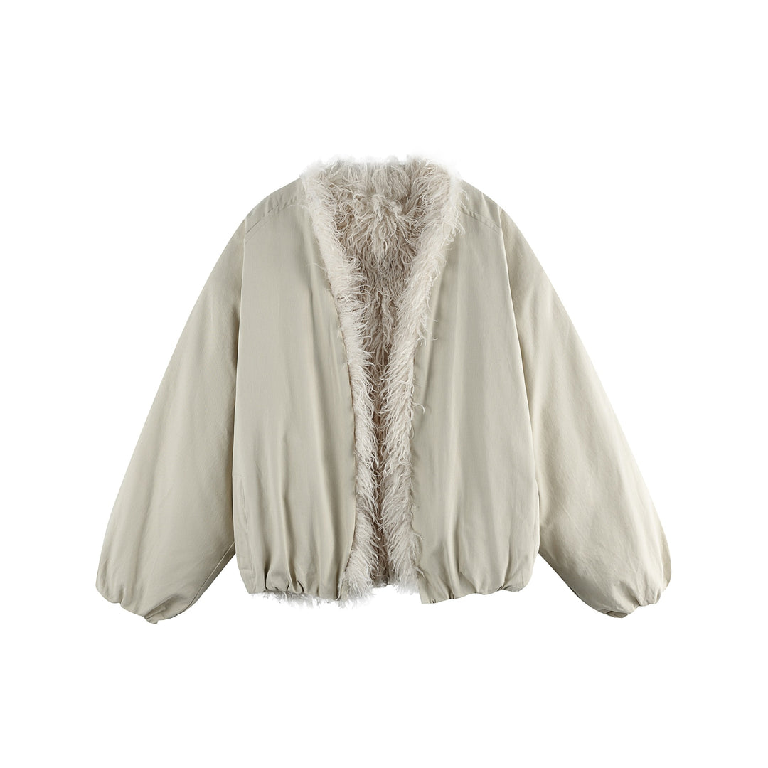 Women's short jacket in oversized cut with voluminous teddy lining and elastic hem