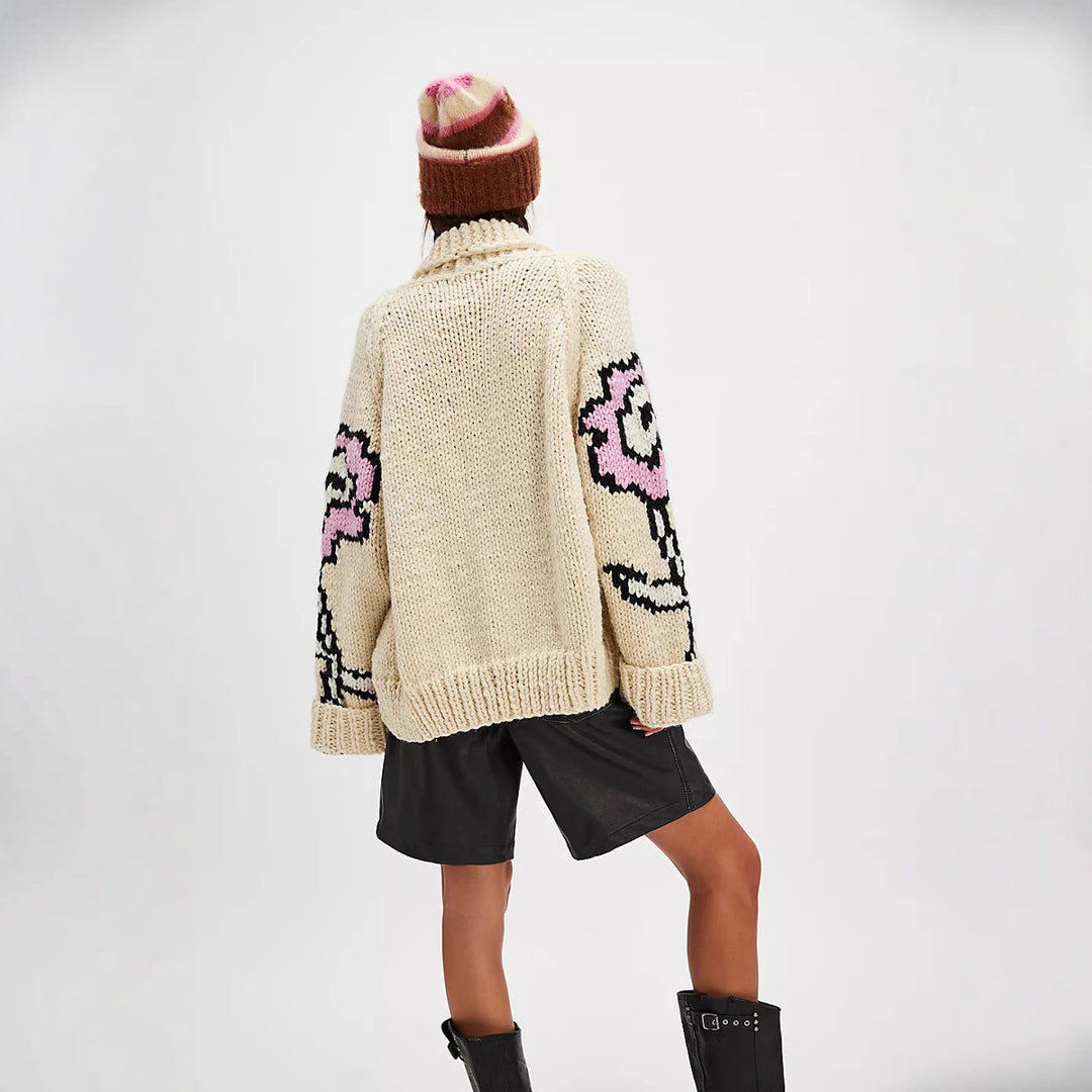 Women Oversized Chunky Knit Cardigan with Shawl Collar, Floral Intarsia & Button Placket Mune Fashion
