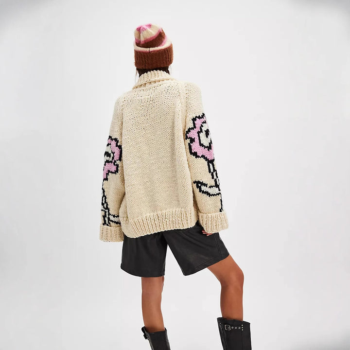 Women Oversized Chunky Knit Cardigan with Shawl Collar, Floral Intarsia & Button Placket Mune Fashion