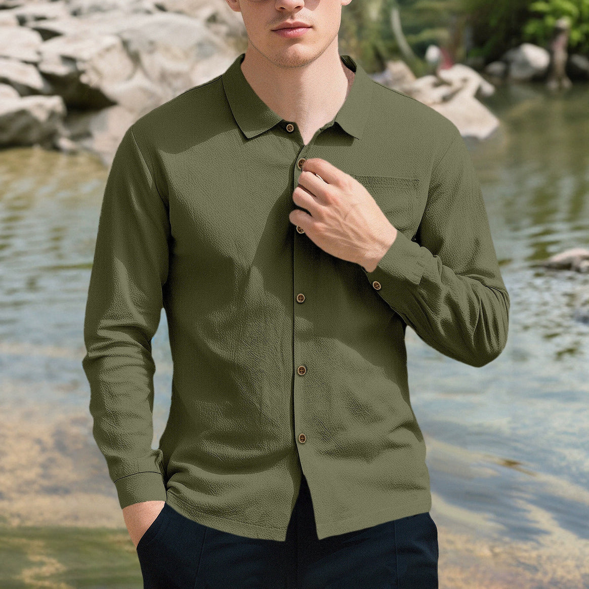 Men's casual long-sleeve shirt with Kent collar, chest pocket, and sleeve strap Mune Fashion