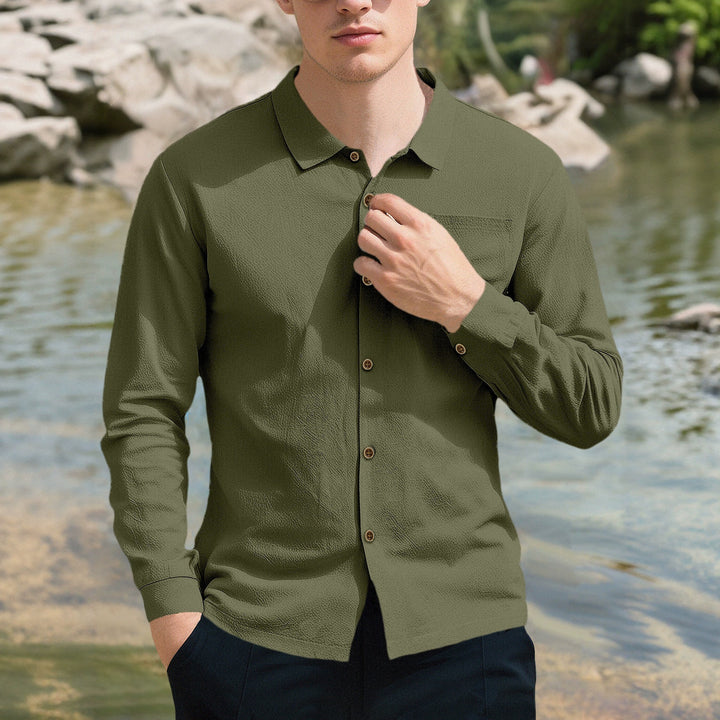 Men's casual long-sleeve shirt with Kent collar, chest pocket, and sleeve strap Mune Fashion