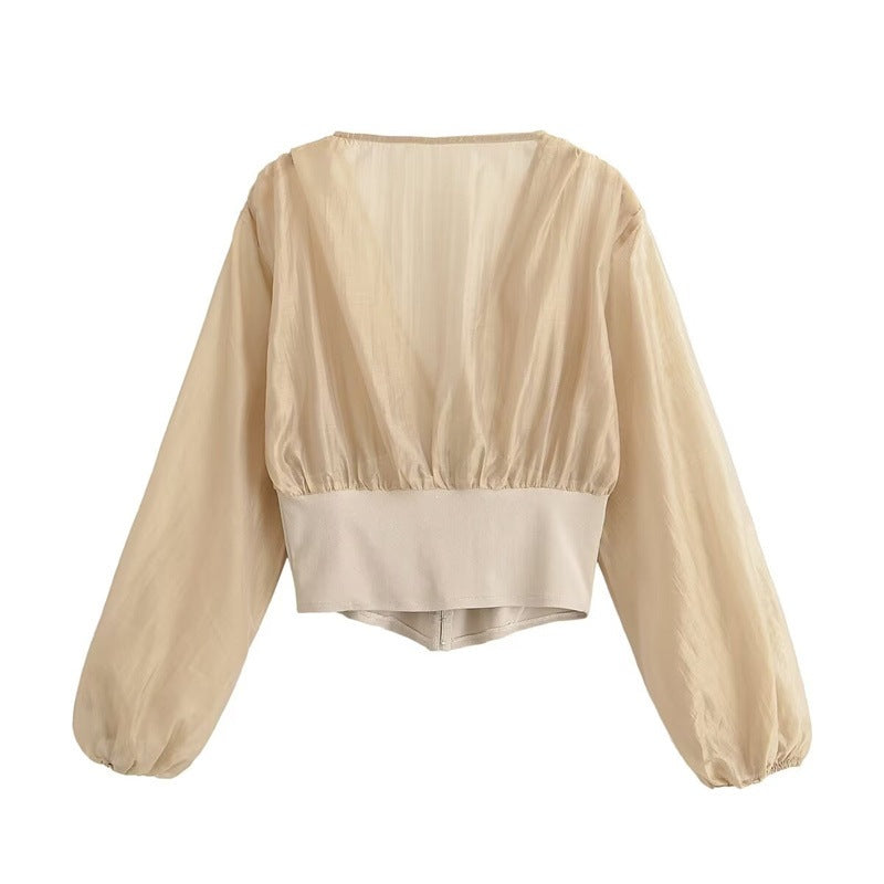 Women's Cropped Chiffon Blouse with Deep V-Neck and Tailored Corset Waist Mune Fashion